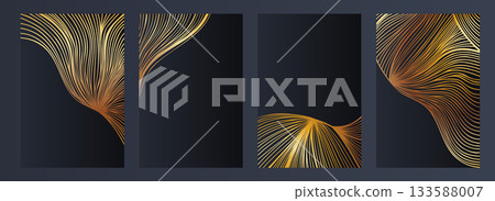 Set of Golden Wood Line Posters in Modern Luxury Style 133588007