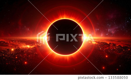 太空中閃耀著紅色光芒的日食 133588050