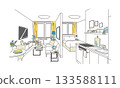 Illustration of a stylish living room divided by a partition Illustration of a stylish living room divided by a partition 133588111