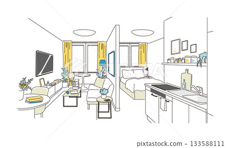 時尚客廳的插圖，客廳被隔板分隔開來 133588111