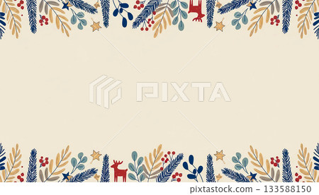 復古冬季植物邊框，飾以馴鹿和星星圖案 133588150