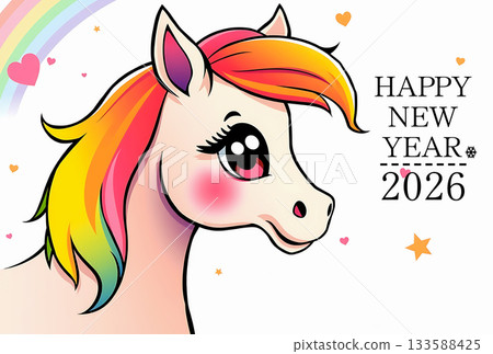 2026年彩色可愛馬新年賀卡 2026年彩色可愛馬新年賀卡 133588425