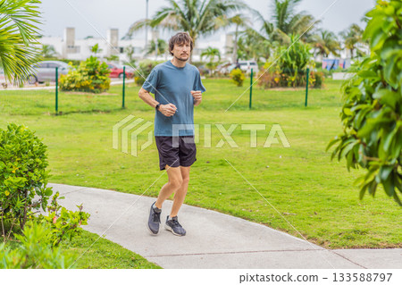 Man exercising in an urban park, stretching and training outdoors on a sunny day, concept of active lifestyle, health, motivation and daily body care in a natural real environment 133588797