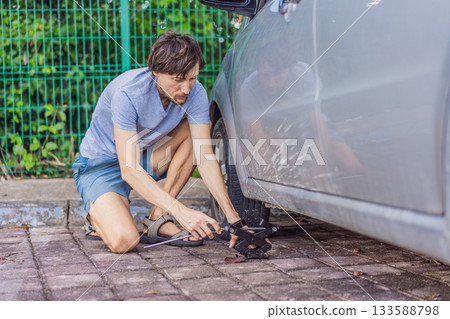 Man lifting his car with a jack in a parking area, preparing to change a tire and checking tools, concept of car maintenance, safety, responsibility and real everyday scenario 133588798