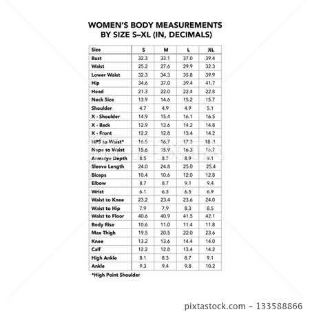 Women size inches decimals chart S M L XL measurements for bust, waist, hips, sleeve, shoulder, height guide. Standard Women size inches decimals chart S M L XL measurements for bust, waist, hips, sleeve, shoulder, height guide. Standard 133588866