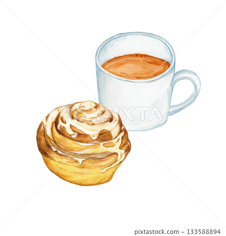 Hand drawn watercolor coffee and cinnamon roll illustration Hand drawn watercolor coffee and cinnamon roll illustration 133588894