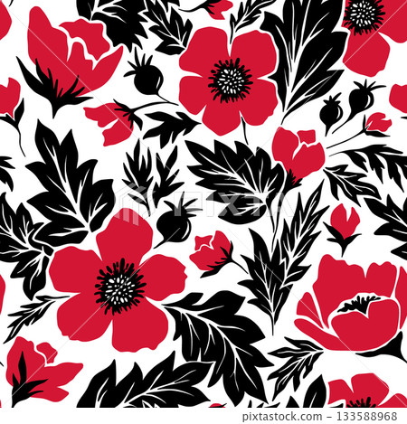 Retro Poppy Flowers Seamless Pattern Vector Leaves Vintage Wallpaper or Bedding Fabric Textile Design, Gentle Hand Drawn Red Black Flat Floral Illustration Retro Poppy Flowers Seamless Pattern Vector Leaves Vintage Wallpaper or Bedding Fabric Textile Design, Gentle Hand Drawn Red Black Flat Floral Illustration 133588968