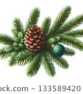 Christmas tree branch with cones isolated over white. New year element design 133589420