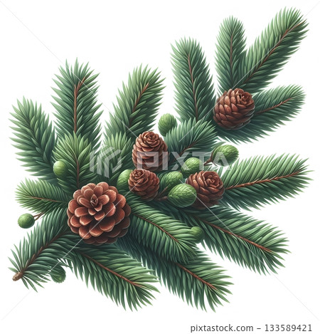 Christmas tree branch with cones isolated over white. New year element design 133589421
