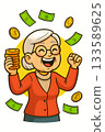 A granny happy with money, cartoon illustration. Smart investment 133589625