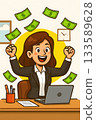 An office worker happy with money, cartoon illustration. Smart investment 133589628