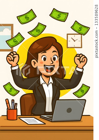 An office worker happy with money, cartoon illustration. Smart investment An office worker happy with money, cartoon illustration. Smart investment 133589628