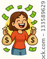 A freelancer happy with money bags, cartoon illustration. Smart investment 133589629
