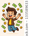 A young man happy with money, cartoon illustration. Smart investment 133589633