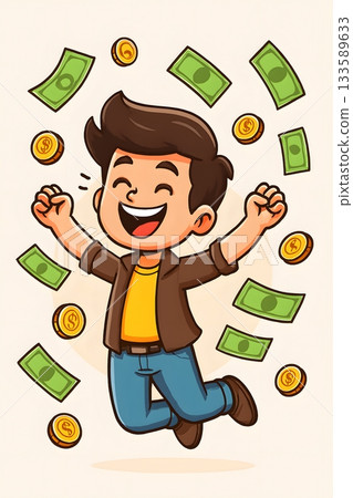 A young man happy with money, cartoon illustration. Smart investment A young man happy with money, cartoon illustration. Smart investment 133589633