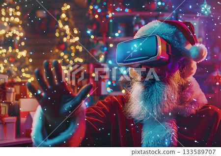 Santa Claus experiencing virtual reality, wearing VR glasses 133589707