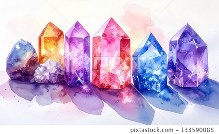 以柔和的粉紅彩色調繪製的各種誕生石的美麗水彩畫。 133590088