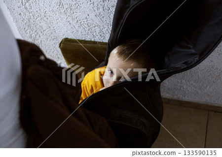 little cute boy in guitar case smiling, lifestyle people concept little cute boy in guitar case smiling, lifestyle people concept 133590135