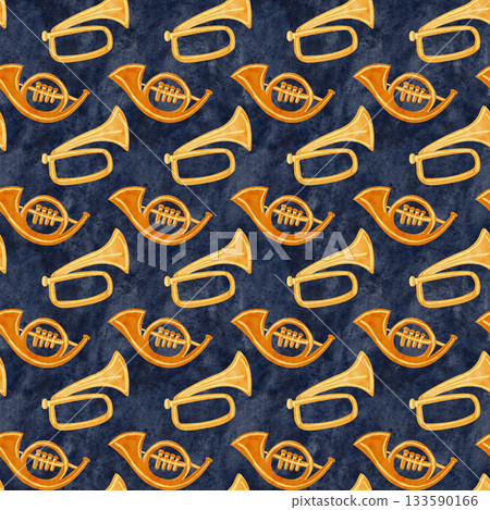 Brass horns in warm golden tones. Watercolor seamless pattern. Hand-painted musical design on textured blue, perfect for festive wrapping paper, Christmas crafts, textiles, invitations, and creative Brass horns in warm golden tones. Watercolor seamless pattern. Hand-painted musical design on textured blue, perfect for festive wrapping paper, Christmas crafts, textiles, invitations, and creative 133590166