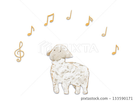 Lamb with musical notes and treble clef above. Watercolor round composition on textured blue background. Perfect for children themes, cards, nursery decor, lullaby design, packaging, creative projects 133590171