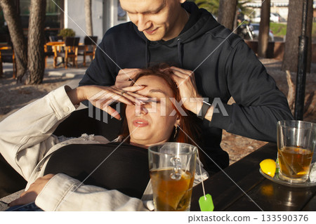 young couple in cafe outdoor, lifestyle people concept 133590376