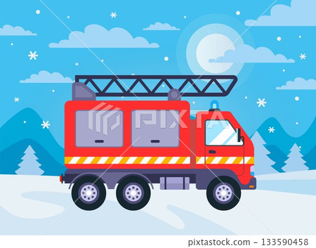 Fire department car responding to a call in winter. 133590458