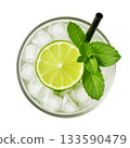 Cocktail mojito lime mint in ice drink isolated on a transparent background, closer-up top view 133590479