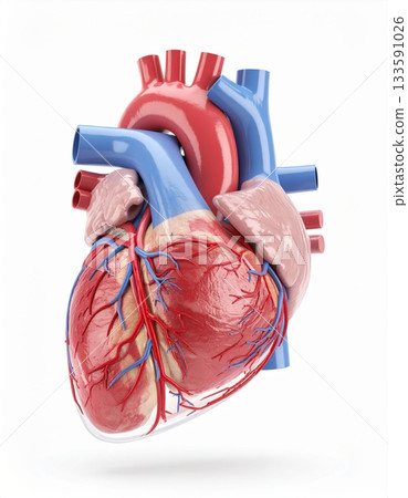 人體心臟解剖結構3D插圖（動脈、靜脈和心肌的精確渲染） 133591026