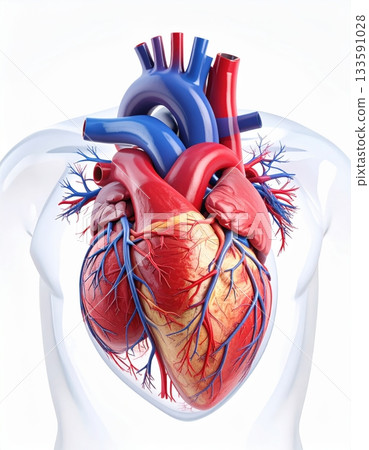 人體心臟解剖結構3D插圖（動脈、靜脈和心肌的精確渲染） 133591028