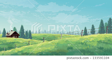Country house in the middle of grass field hill in with barbed wire fence in front and pine forest far away have blue sky background graphic illustrated. 133591104
