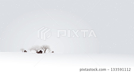 small town and leafless trees in the middle of countryside landscape covered by white snow graphic illustration. 133591112