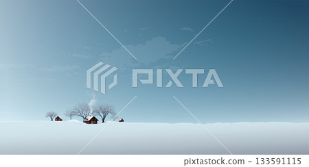 Minimalist countryside snowscape with small town and leafless trees have blue sky background graphic illustration. 133591115