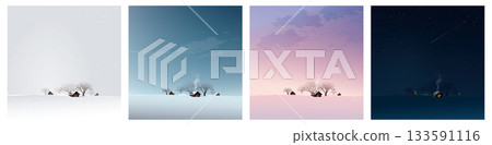 Set of minimalist countryside snowscape with small town and leafless trees at different times of the day graphic illustration. Set of minimalist countryside snowscape with small town and leafless trees at different times of the day graphic illustration. 133591116