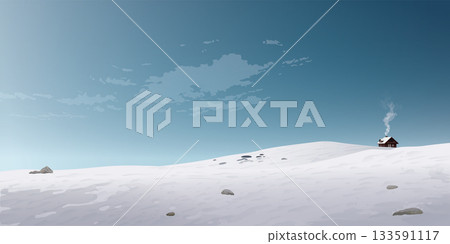 Minimalist snowscape with a cottage on hill in a day with clear skies graphic illustration have blank space. 133591117