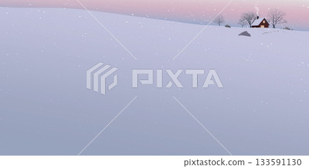 Snowfall in minimalist snowscape with silhouette lonely country house and leafless trees on the hill covered by snow have dramatic sky behind graphic illustration. 133591130