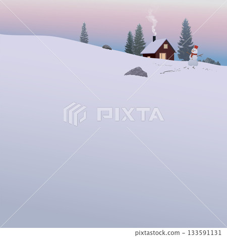 Minimalist snowscape with silhouette lonely country house, pine trees and snowman on the hill covered by snow have dramatic sky behind graphic illustration square template have blank space. 133591131