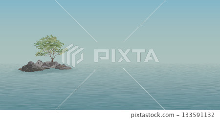 Minimalist seascape with lonely tree grows on the rocks in the middle of the sea have blue sky background graphic illustration. 133591132
