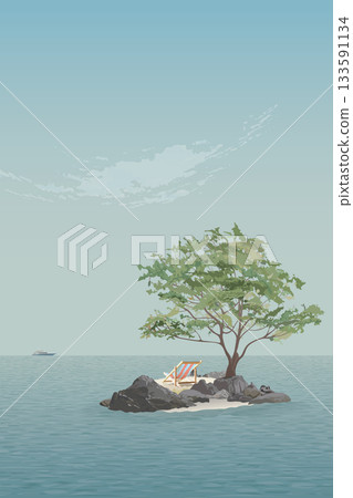 Beach chair on a deserted island in the middle of the ocean with blue sky vertical background illustrated have blank space. Vacation in summer concept. Beach chair on a deserted island in the middle of the ocean with blue sky vertical background illustrated have blank space. Vacation in summer concept. 133591134