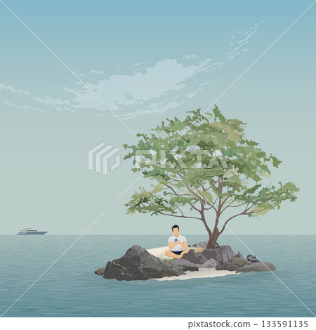 Man using smartphone on a deserted island in the middle of the ocean with blue sky square background illustrated have blank space. 133591135