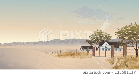 Country house in farmland in autumn have  mountain ranges far away and vanilla sky background graphic illustration. 133591137