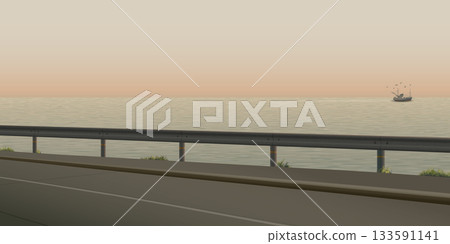 Seascape with silhouette coastal road and fishing boat followed by seagulls at sunset graphic illustration. Seascape with silhouette coastal road and fishing boat followed by seagulls at sunset graphic illustration. 133591141