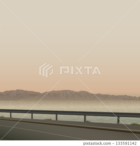 Seascape with silhouette coastal road at sunset have mountain ranges far away square background graphic illustration. Seascape with silhouette coastal road at sunset have mountain ranges far away square background graphic illustration. 133591142