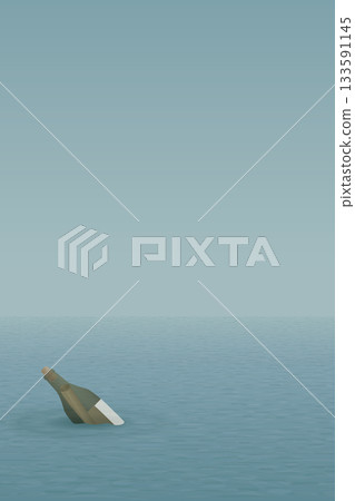 Minimalist seascape have a letter in a bottle of liquor floating in th middle of the sea vertical template graphic illustration. Message in the bottle. 133591145
