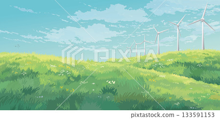 Wind turbines on the hill in countryside landscape with blue sky background graphic illustration. Sustainable renewable green energy concept. Wind turbines on the hill in countryside landscape with blue sky background graphic illustration. Sustainable renewable green energy concept. 133591153