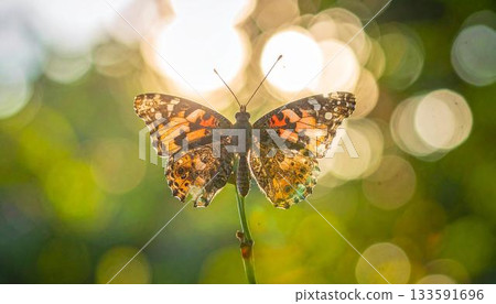A painted lady butterfly rests on a green stem, with a blurred bokeh background of sunny, green 133591696