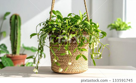 A decorative hanging basket filled with mistletoe and small white berries sits on a table against a bright white 133591745