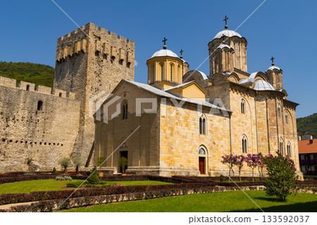 Manasija Monastery Church and Despots Tower on summer day 133592037