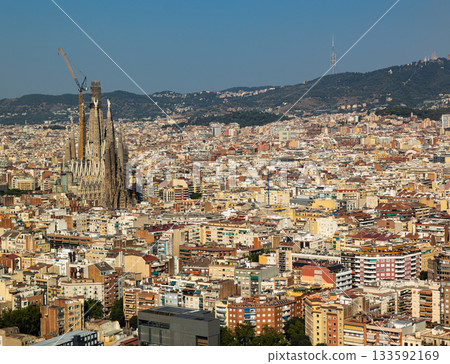 Elevated view of city of Barcelona, Spain. Elevated view of city of Barcelona, Spain. 133592169