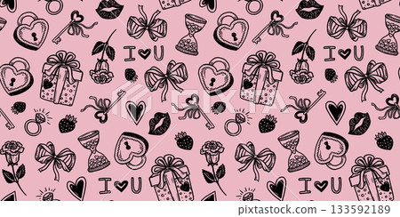 Valentine Day seamless pattern with coquette bow and rose in doodle sketch style. Black on pink hand drawn outline with cute romantic elements. Ideal for wedding card background or wallpaper print. Valentine Day seamless pattern with coquette bow and rose in doodle sketch style. Black on pink hand drawn outline with cute romantic elements. Ideal for wedding card background or wallpaper print. 133592189