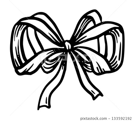 Coquette bow ribbon illustration in doodle sketch style. Black and white hand drawn outline with simple shape. Suitable for holiday design or wedding romantic card. Works for stationery or decoration. 133592192